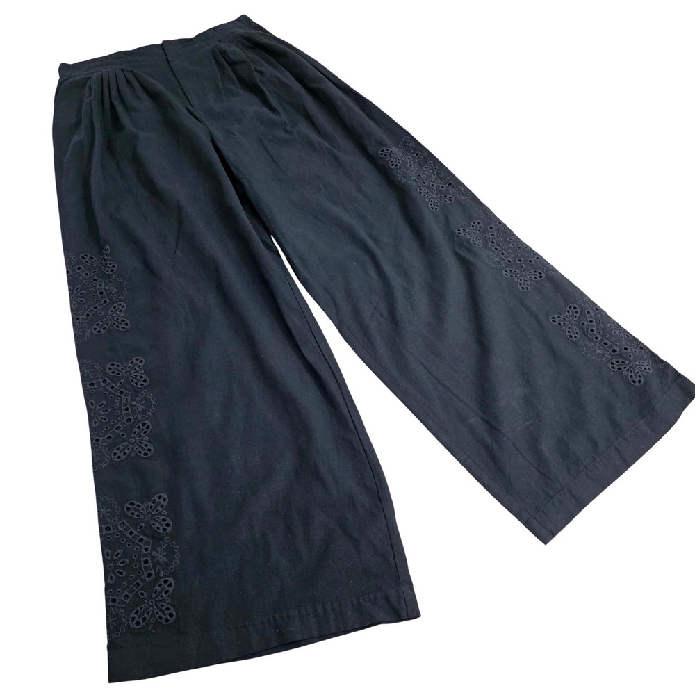 Zara Eyelet Embroidered Wide Leg Pants Sz S Black Dark Cottagecore Boho Trousers
